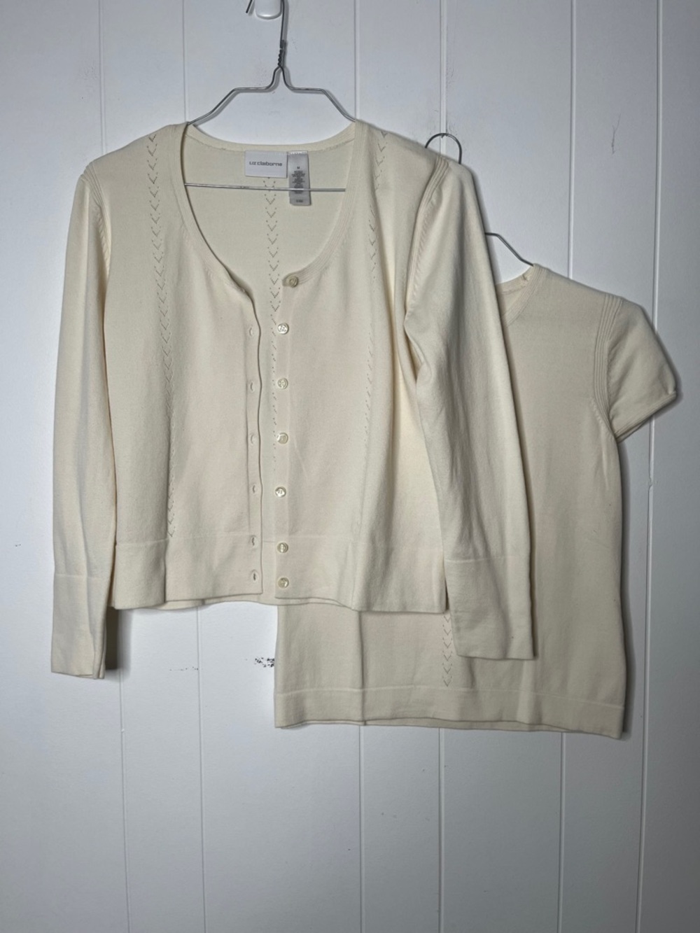 Liz Claiborne Cream Knit Cardigan Sweater Set Scoop Neck Button Front Size M